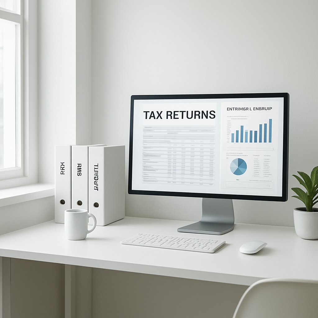 Phantom Accounting workspace — clean modern office with financial reports and tax binders