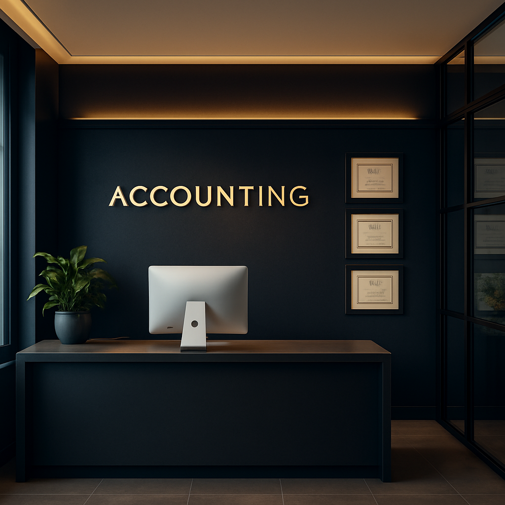 Phantom Accounting reception — dark navy and gold professional interior